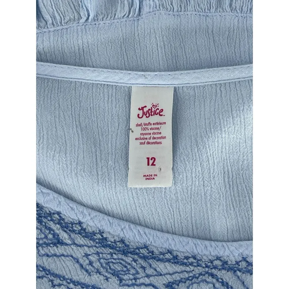 Justice Girls Blue Embroidered Long Sleeve Top Youth Size 12